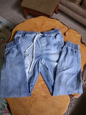 WESC Swedish UNISEX Light Blue Relaxed Denim Joggers with White Drawstring
